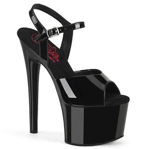 Pleaser Passion 709 7" Heel, 2 3/4" Black Patent Platform Ankle Strap Sandal